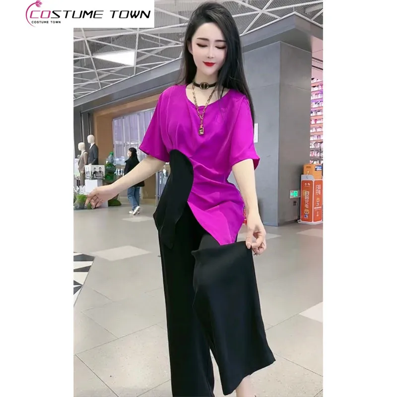 

Fashion Set Women's 2023 Spring/Summer Seasonal Design Irregular Color Matching Slim Short Sleeves+Wide Leg Pants