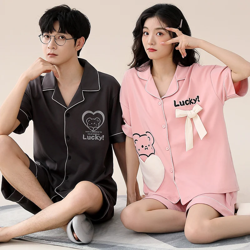 Couple Pajama Set Summer Short Sleeve Pyjamas 100% Cotton Men and Women Cute Cartoon Sleepwear