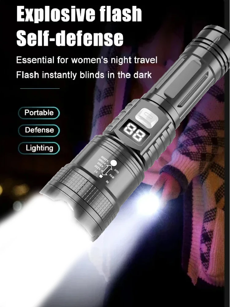 Lampe de poche Super lumineuse 100000LM, torche LED Rechargeable de Type C, lampe tactique longue portée pour l'extérieur, lanterne de Camping étanche