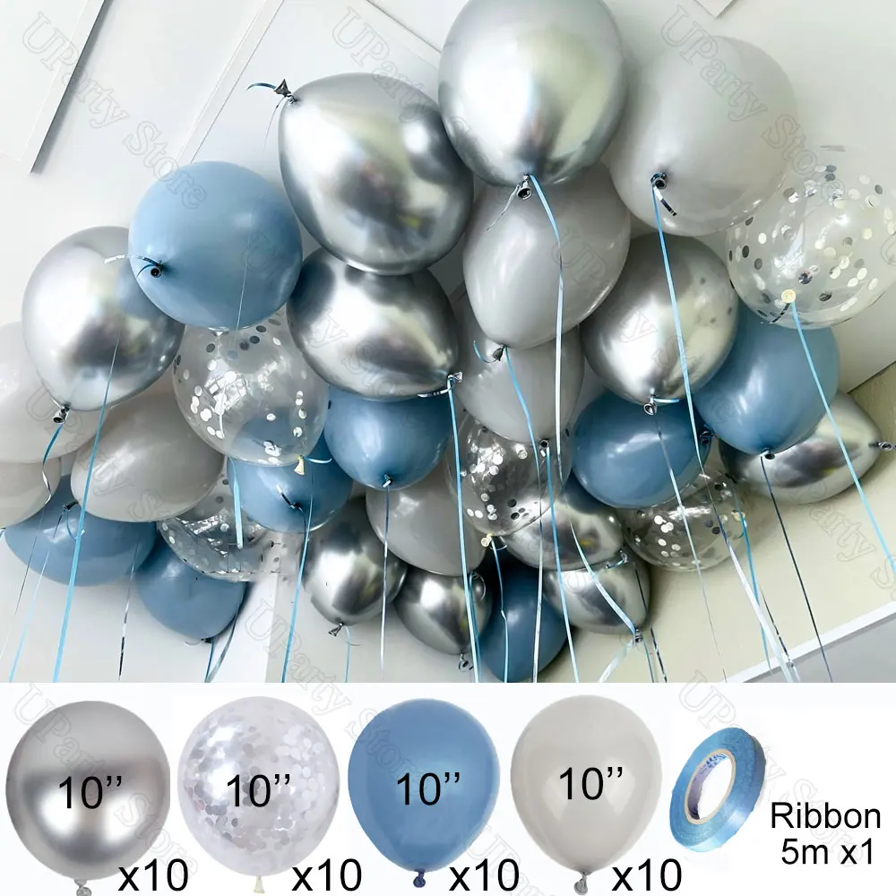 40/80Pcs Twilight Blue Balloons 10Inch Metal Silver Confetti Gray Dusty Blue Air Balloons for Baby Shower Wedding Birthday Decor