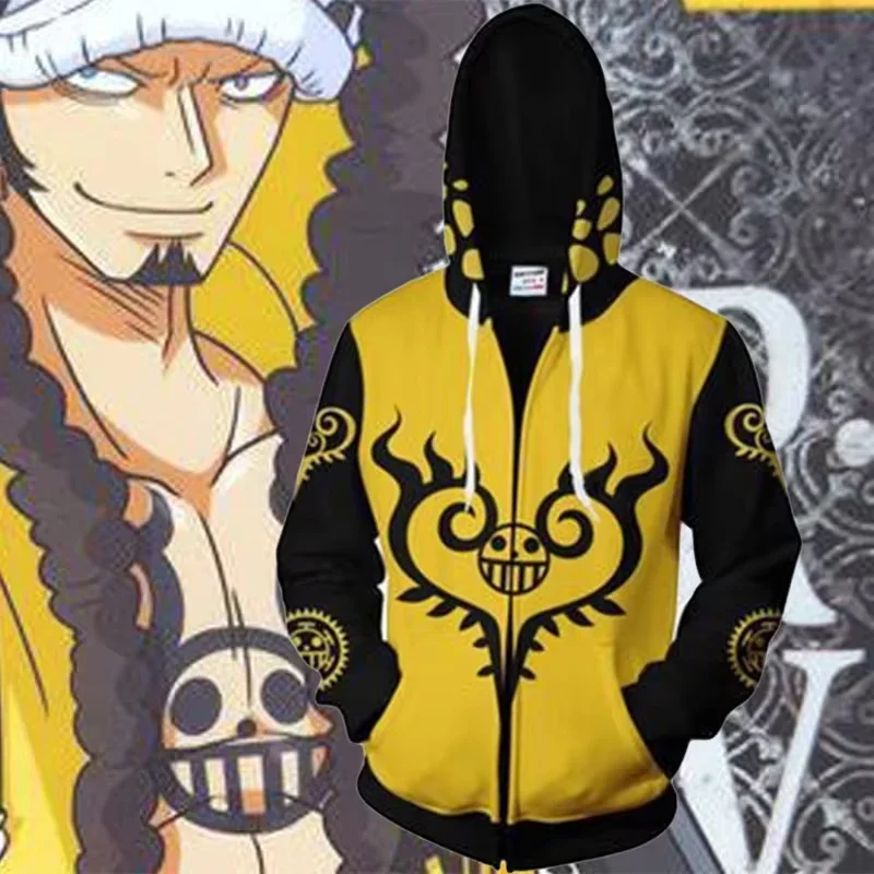 

Новый Trafalgar Law Kaus аниме 3D Piece Толстовка Косплей Костюм Kuning Zipper Kuning Типы Высокое пальто с капюшоном
