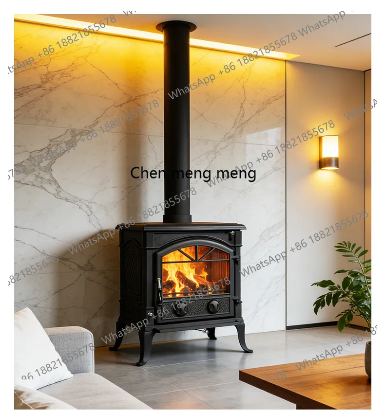 

Fireplace real fire burning wood winter heating rural self-built house villa European cast iron home