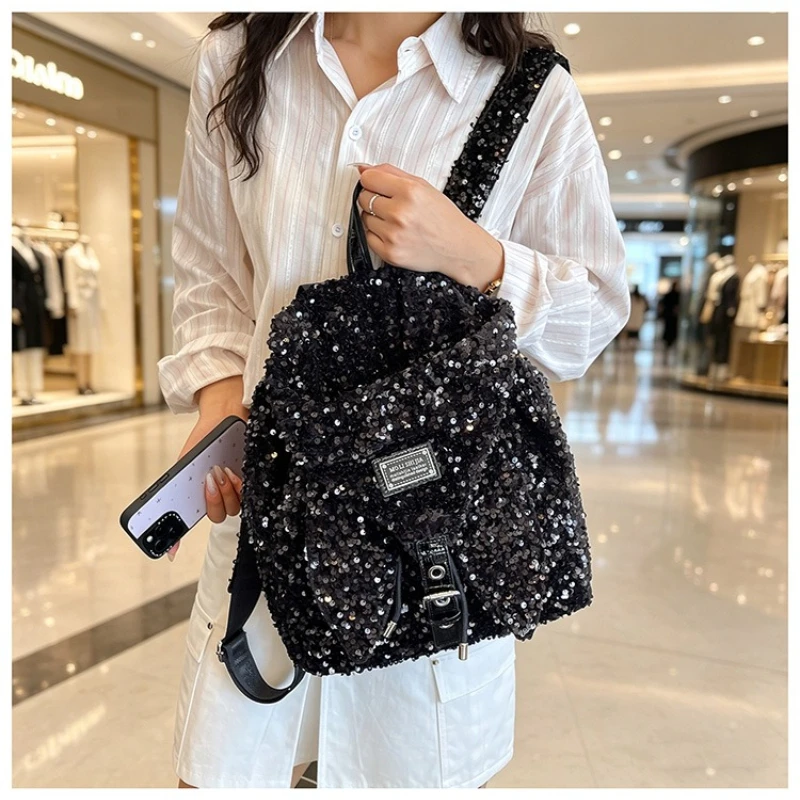 Silver Sequin Drawstring Backpack Women Sparkly Adjustable Strap Bucket Bag Multi-use Handbag Daily Travel Shoulder Bag