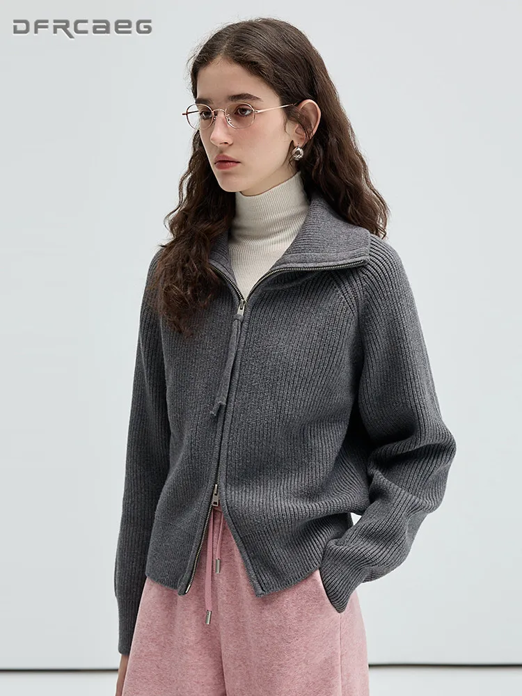 

Autumn Winter Gray Women's Zipper Knit Cardigan Jacket Long Sleeve High Neck Thickened Knitwear Sweater Top Lady