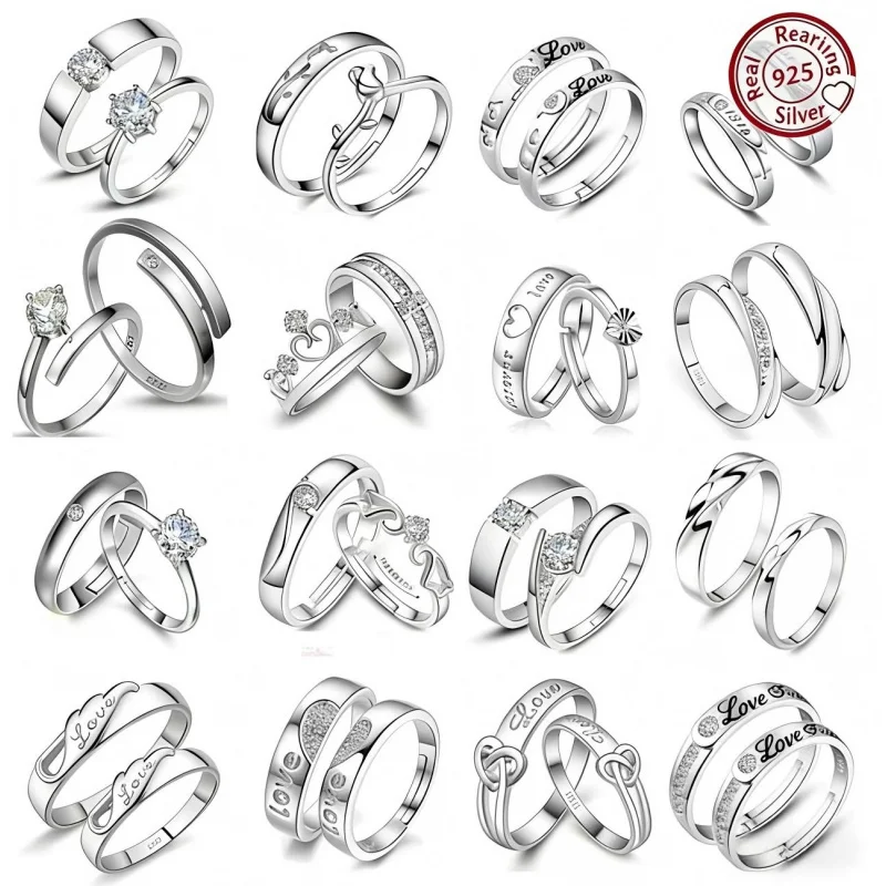 A beautiful open-style couple's ring made of pure 925 silver, featuring Korean-style diamonds. Student edition jewelry accessory