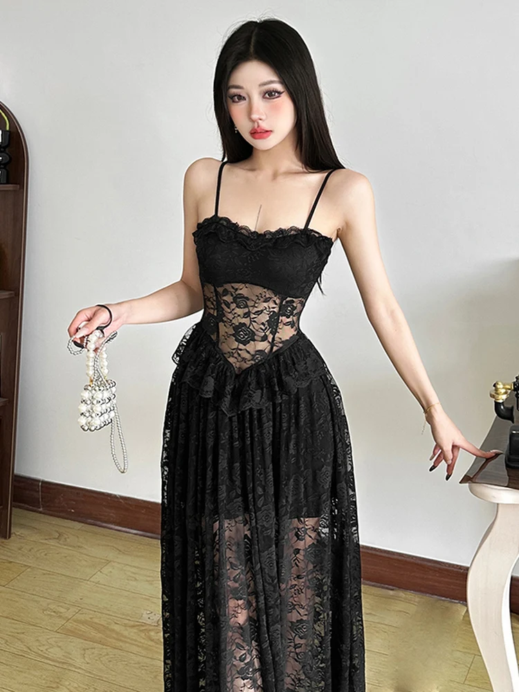 

WEIRD PUSS Sexy See-tough Lace Strap Dr Women Ele Long Dr Night Rose Secret Language Transparent Gown Polyester S...