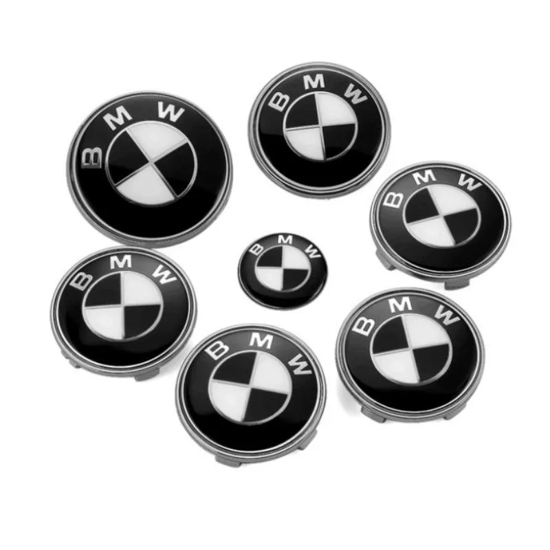 

Car Black White BMW Logo Front Hood Emblem 82mm Rear Badge 74mm Wheel Hub Cap 68mm steering wheel sticker 45mm Accessories