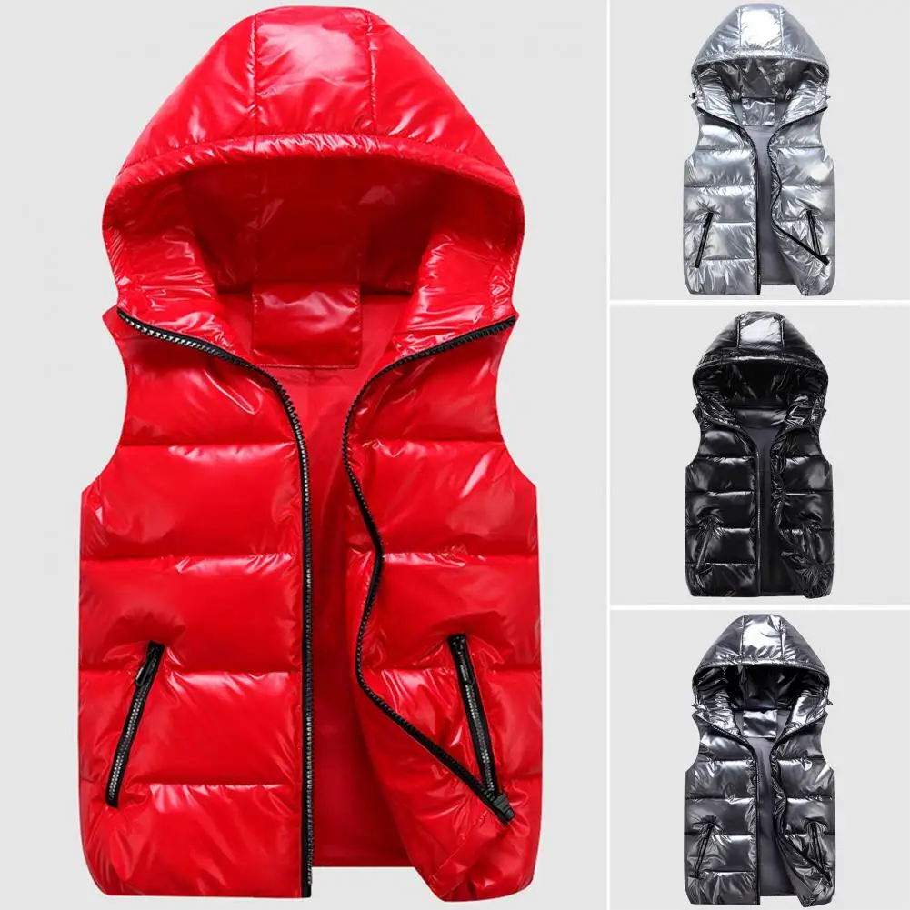 Women Men Winter Bright Color Vest Coat Hooded Sleeveless Pockets Design Zipper Placket Down Padded Windbreaker Down Padded Coat