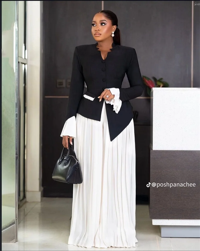 Black White Women Suit Set 2 Pcs Blazer+Loose Pants Trousers Autumn Spring Formal Office Jacket Customized Wedding Tuxedos Coat