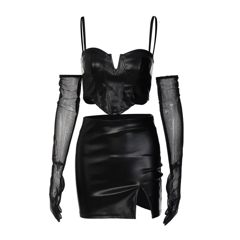 Women's sexy artificial leather 2-piece set with suspender exposed navel top, tight mini skirt set, short skirt leather skirt