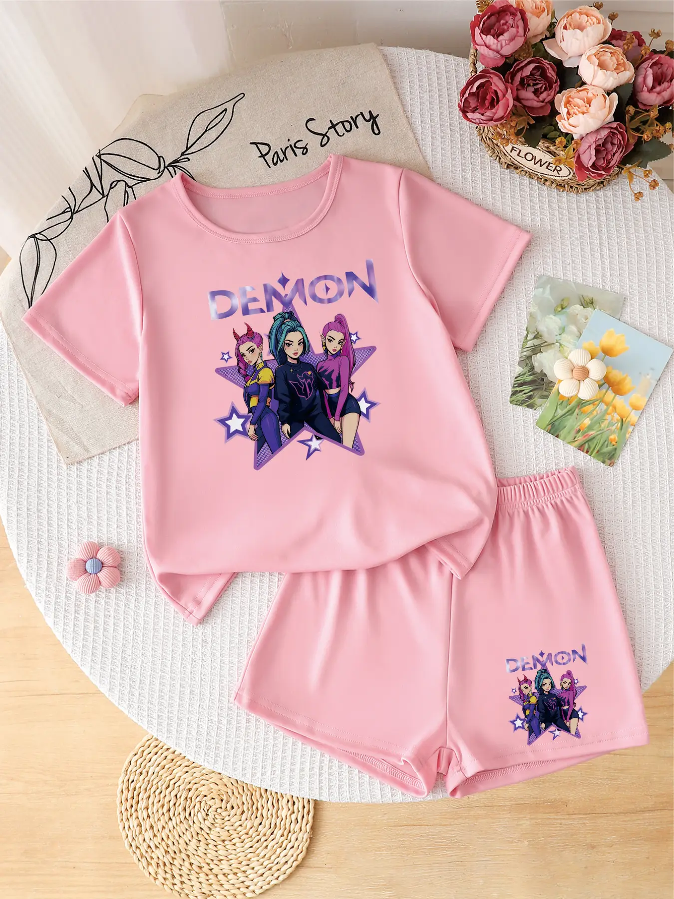 Kids Girls 2-Piece Demon Anime Print Short Sleeve Tee & Shorts Set Casual Summer Outfit