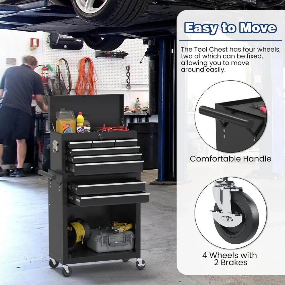 Boîte à outils roulante avec roulettes, coffre à outils haute capacité à 8 tiroirs avec roulettes, boîte à outils de rangement amovible avec serrure pour garage, Wor