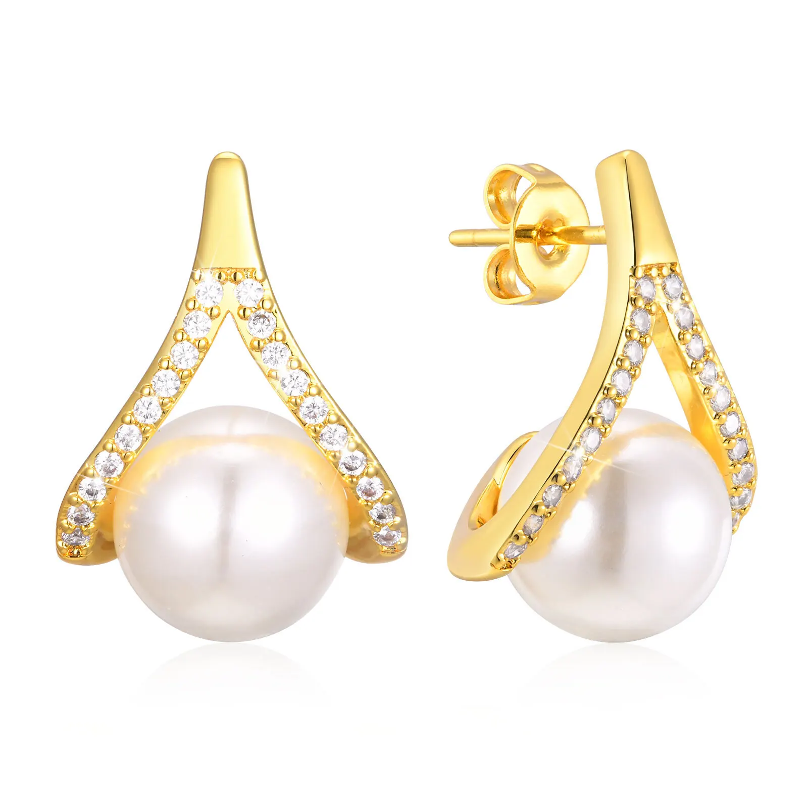 

Statement Pearl Sutd Earring, Pave Cubic Zirconia Geometric Piercing Jewelry Gift for Women