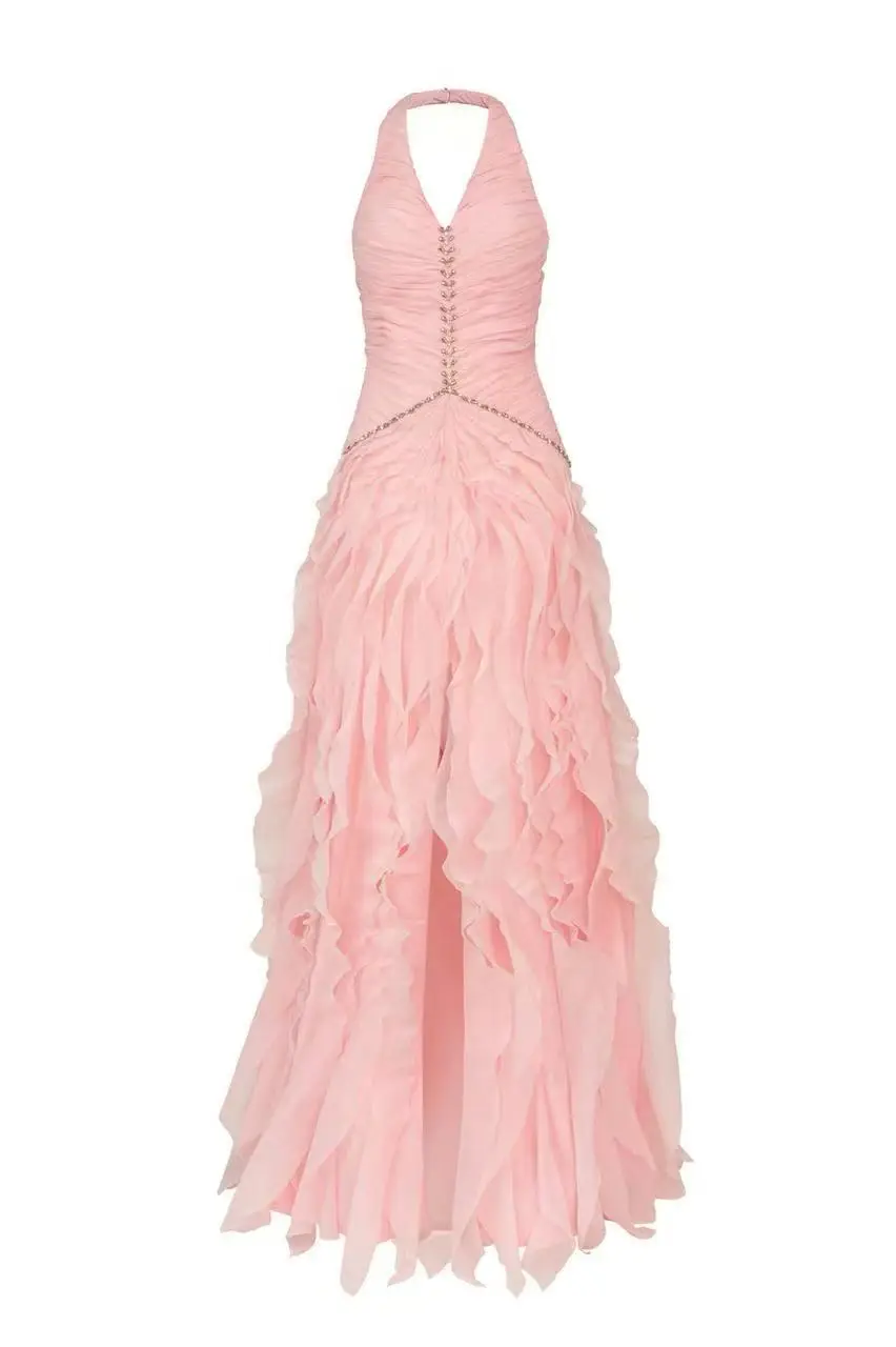 Customized Evening Dress Blush Pink Halter V-Neck Ruched Bodice High-Low Ruffled Chiffon Gown with Front Slit and Crystal