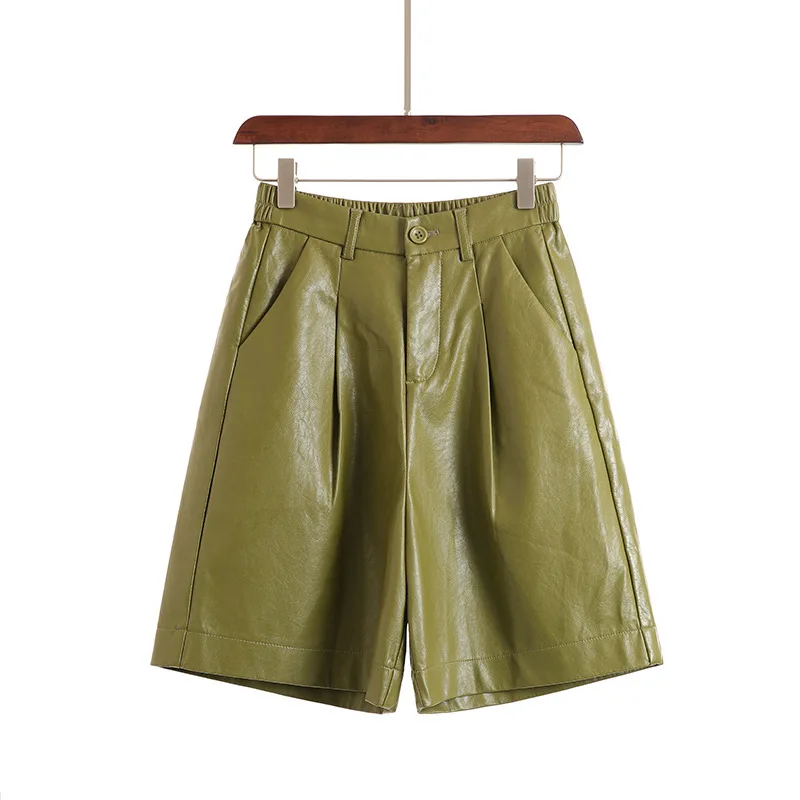 Spring and Autumn New Women's Fashion PU Leather Shorts Elastic Waist Loose Five-Point Leather Pants Leggings