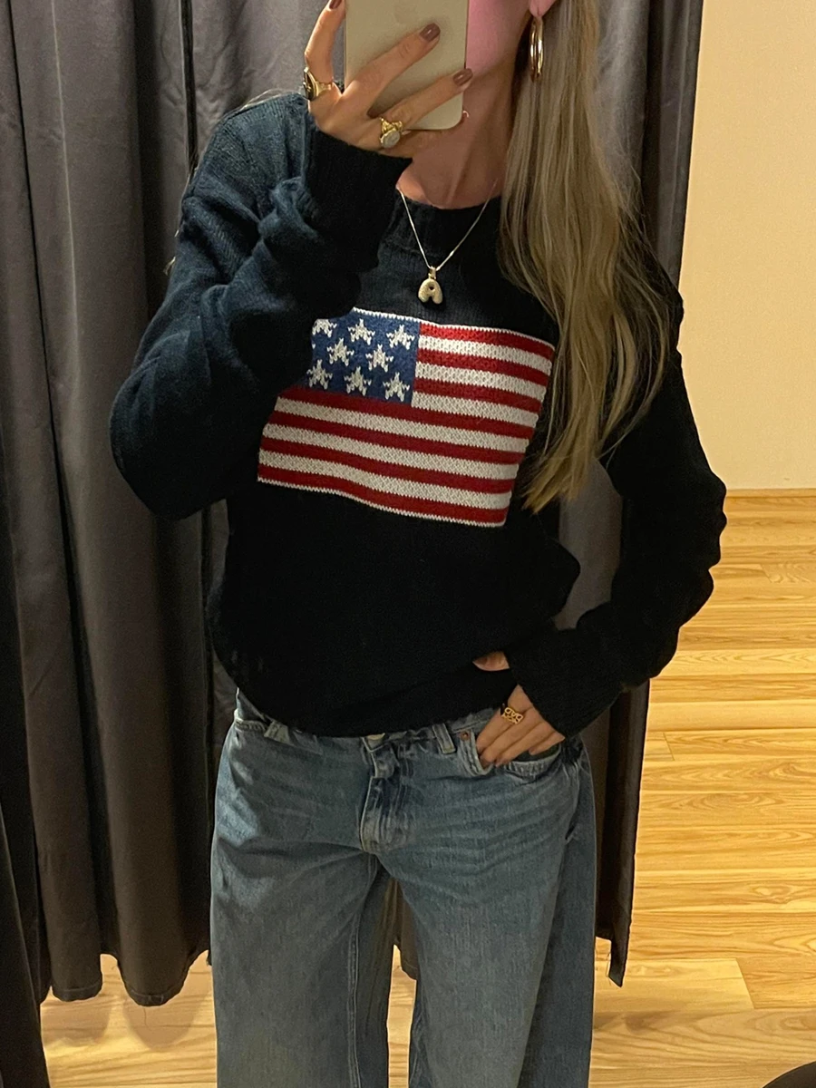 Women\'s Autumn Loose Knit Tops America Flag Print Long Sleeve Round Neck Sweaters Knitwear