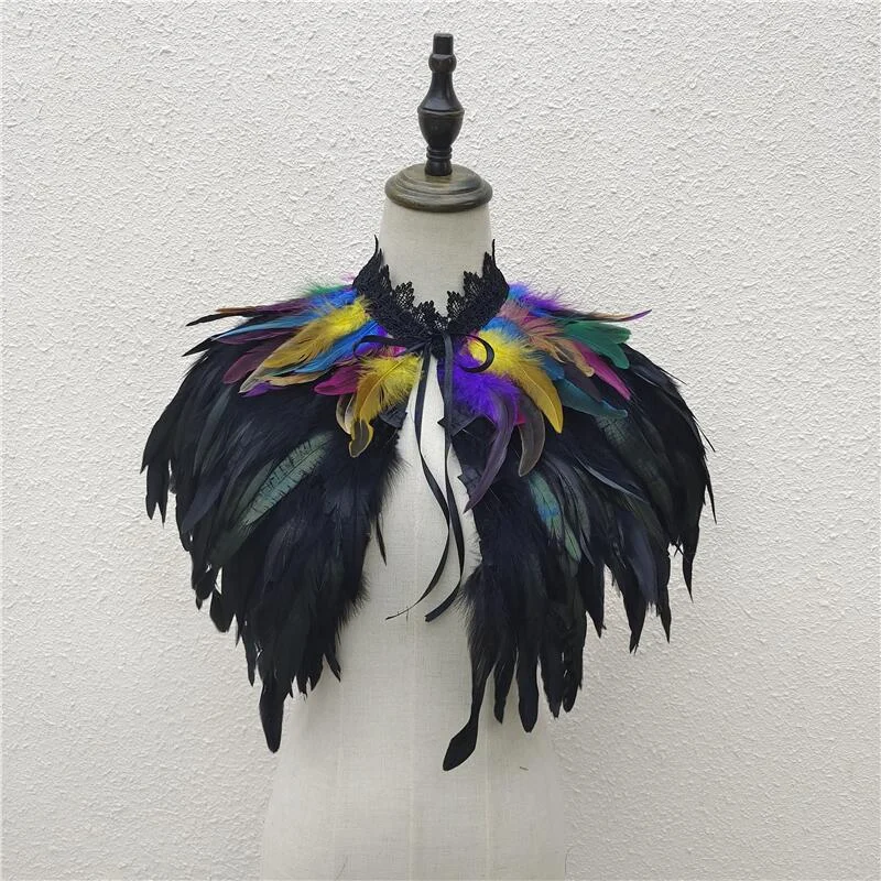 4 Layer Women Feather Cloak Shoulder Cape Punk Gothic Party Coat Prom Clothes Shawl Shrug Stole Wrap Halloween Cosplay Choker