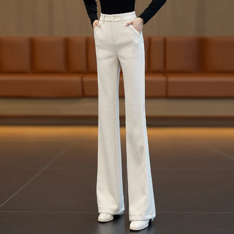 Elegant Commuting Woolen Flared Suit Pants for Women, Autumn and Winter New Fashion, High Waist Slimming Flared Pants Trend