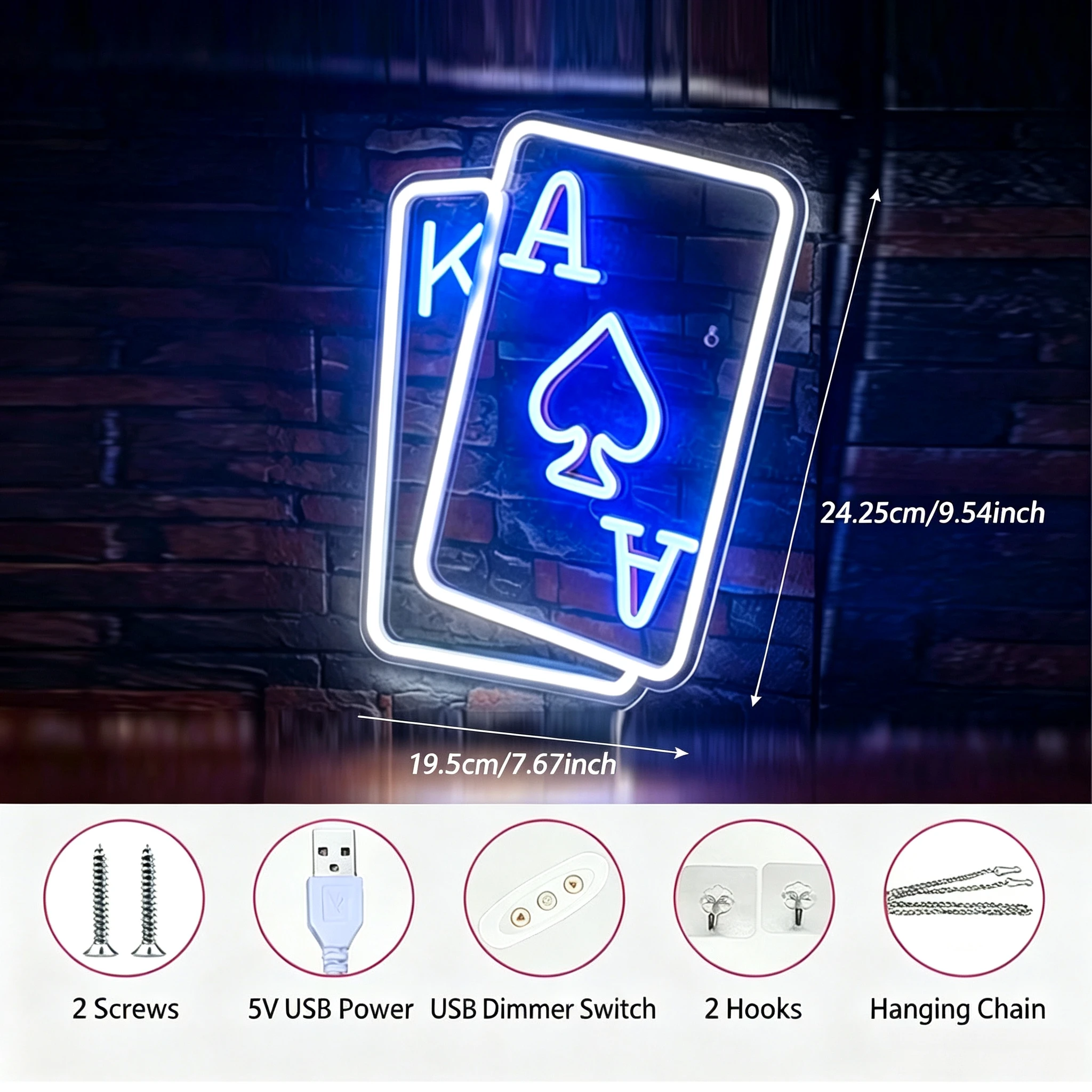 Playing Cards Neon Signs for Wall Decor Poker Teens Led Neon Light Blue White Usb Light Sign for Bedroom Casino Bar Hotel Play R