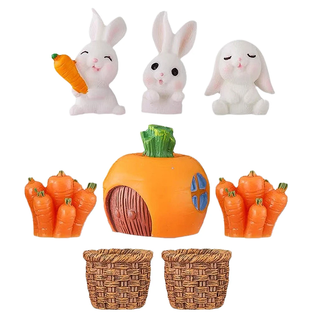 

8pcs Rabbit Statue Figurine Ornament Decoration Easter Party Cake Photo Prop Straw Basket Carrot Design Home Decor Miniature