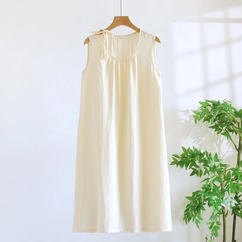 2026 Summer New Women's Sleeping Skirt 100% Cotton Double Layer Gauze Simple Solid Color Hooded Thin Sleeveless Vest Home Skirt