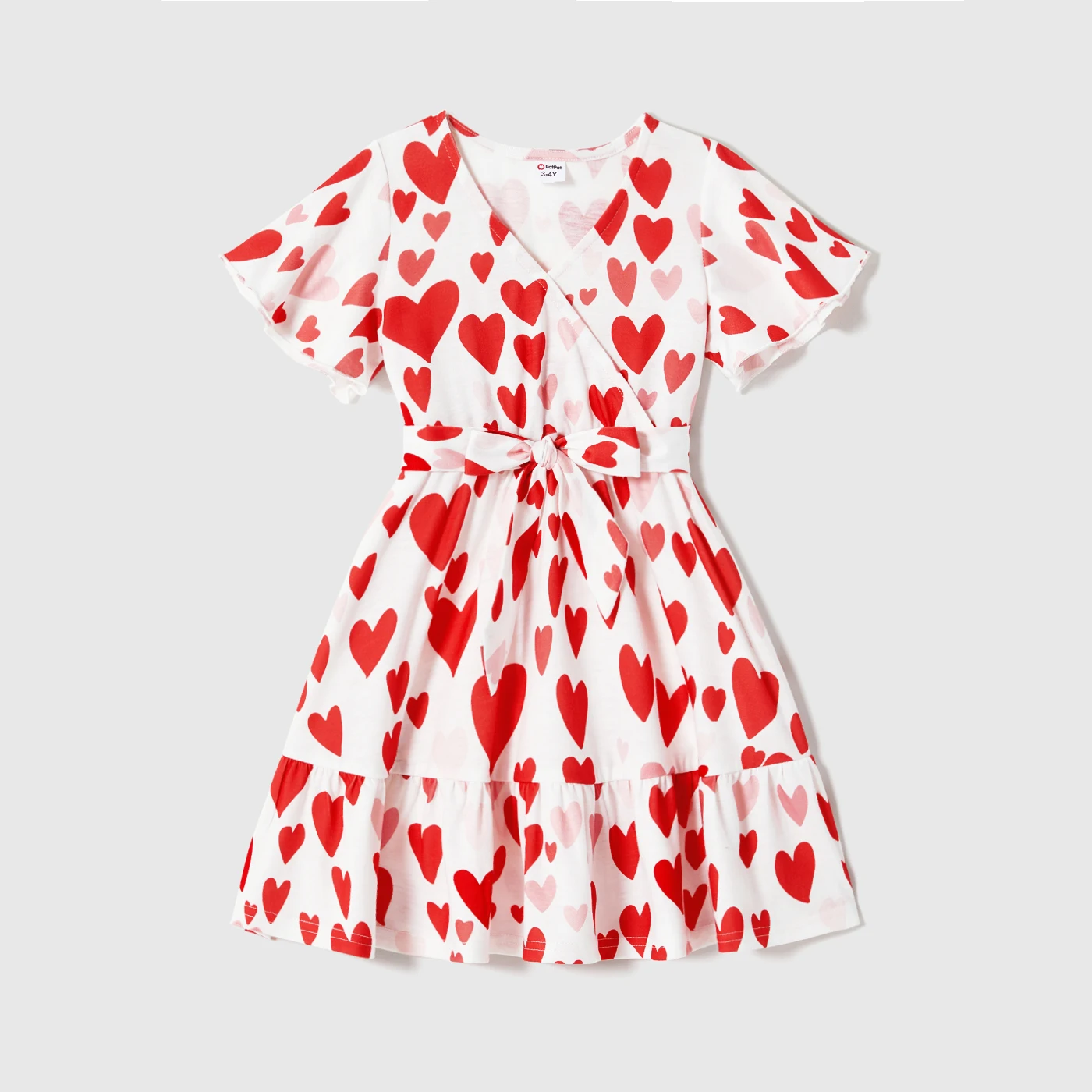 PatPat Family Matching Outfits Raglan Sleeve T-shirts and Allover Red Heart Print Surplice Neck Ruffle-sleeve Belted Dresses Set