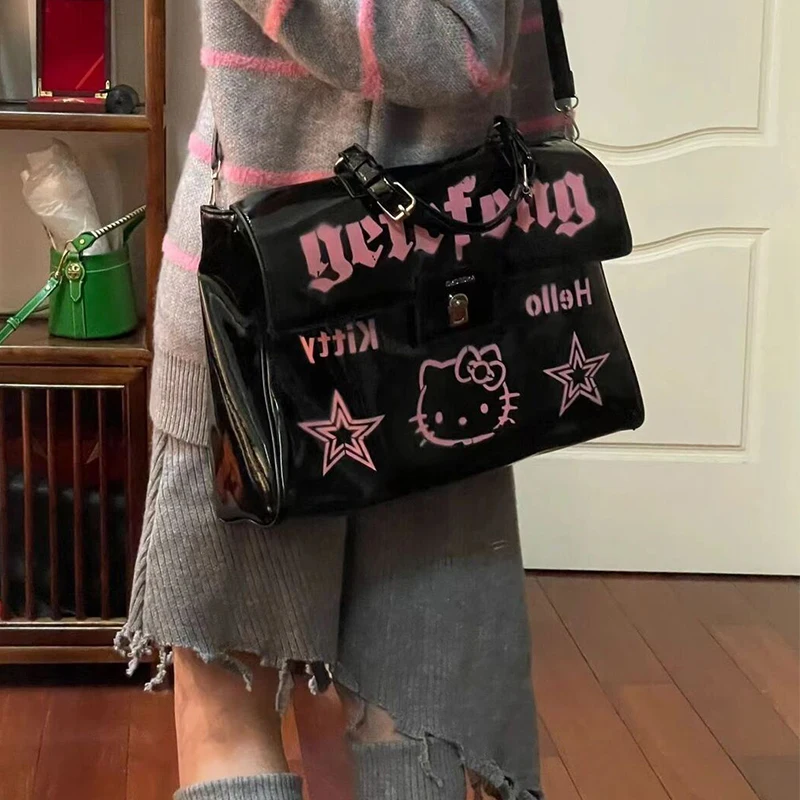 Y2K Hello Kitty Cartoon Handbag Sanrio Sweet and Spicy Anime Print Hot Girl Black Pu Waterproof Fashion Shoulder Messenger Bag