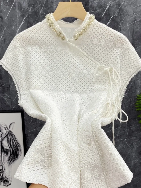 

Elegant Chinese Style Embroidered Lace Shirt Stand Collar Beaded Water Soluble Lace Sleeveless White Top for Women Summer Cotton