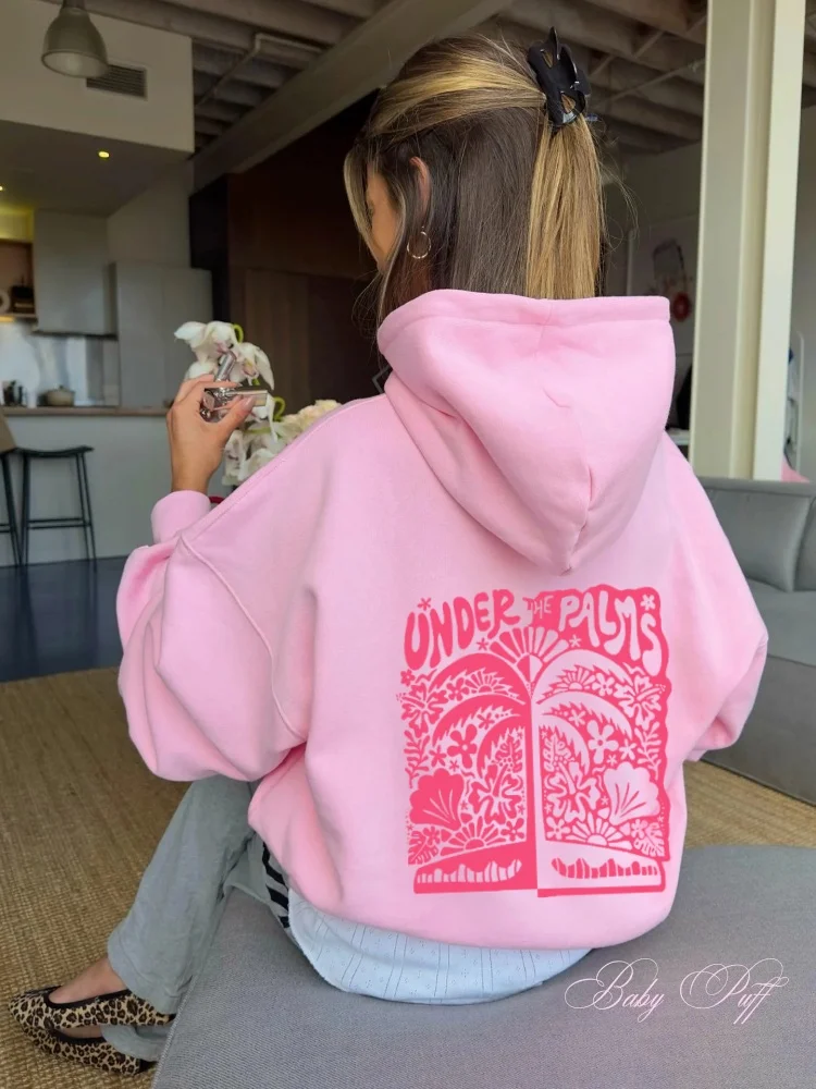 

Women's printed palm tree hooded long sleeved round neck hooded sweatshirt with pocket street wear aesthetic hooded sweatshirt