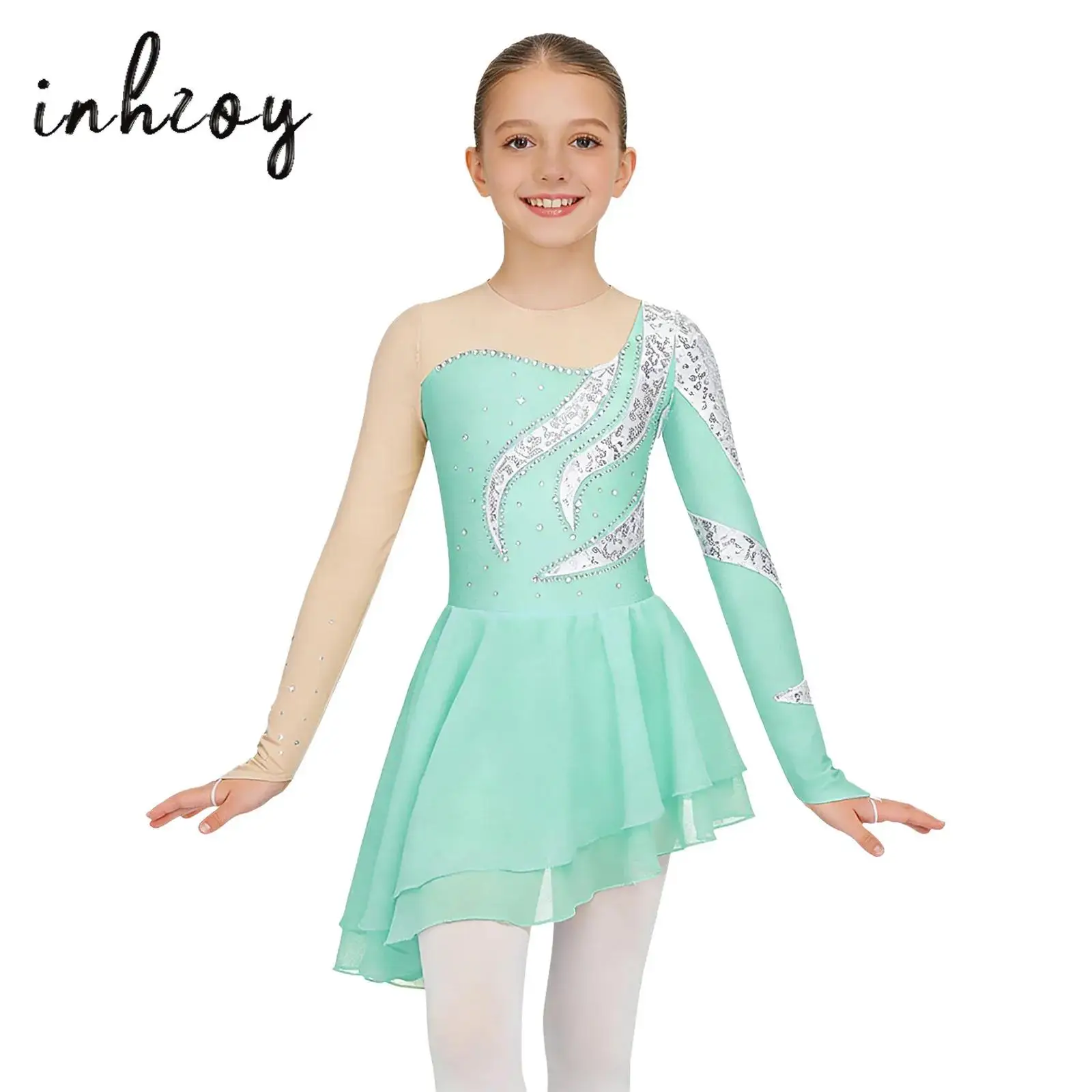 Kids Girls Ballet Dance Dress Shiny Sequin Long Sleeve Asymmetric Chiffon Hem Leotard Dress Gymnastics Figure Skating Dancewear