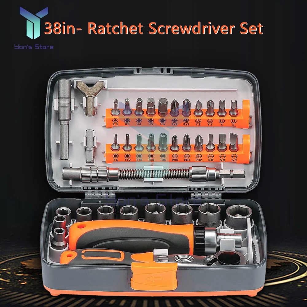 

38 in 1 Screwdriver Set Retractable Household Multifunctional Plum Shaped Rice Word Ratchet Screwdriver Convenient Tool Box