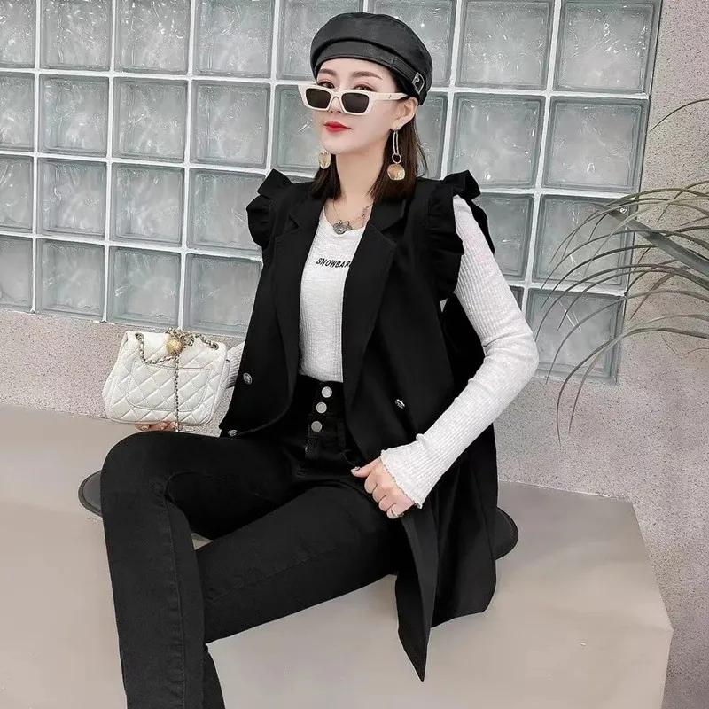 Suit Vest Women Fashion Ruffled Edge Design Vintage Casual Korean Sleeveless Jacket Loose Female Wild Solid 2023 Black Waistcoat