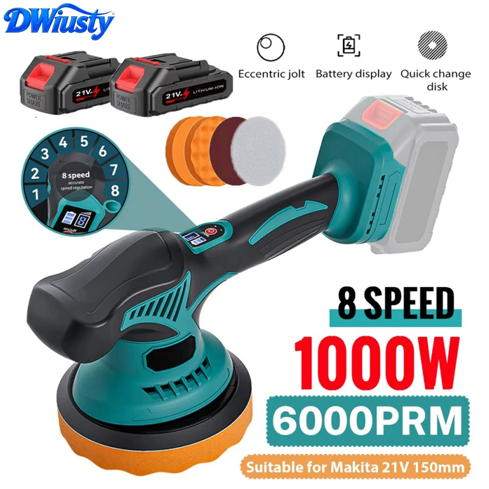 DWiusty Lucidatrice per Auto 1000W, 8 Velocità, Macchina Lucidatrice Elettrica Senza Fili per Metallo, Ceratura, Levigatura del Legno, Compatibile con Batteria Maktita 18V