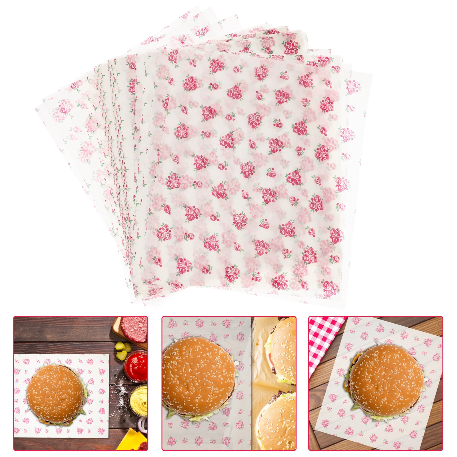 

50 Pcs Sandwich Greaseproof Paper French Fries Wrapping for Hamburgers Rose Prints Food Lining