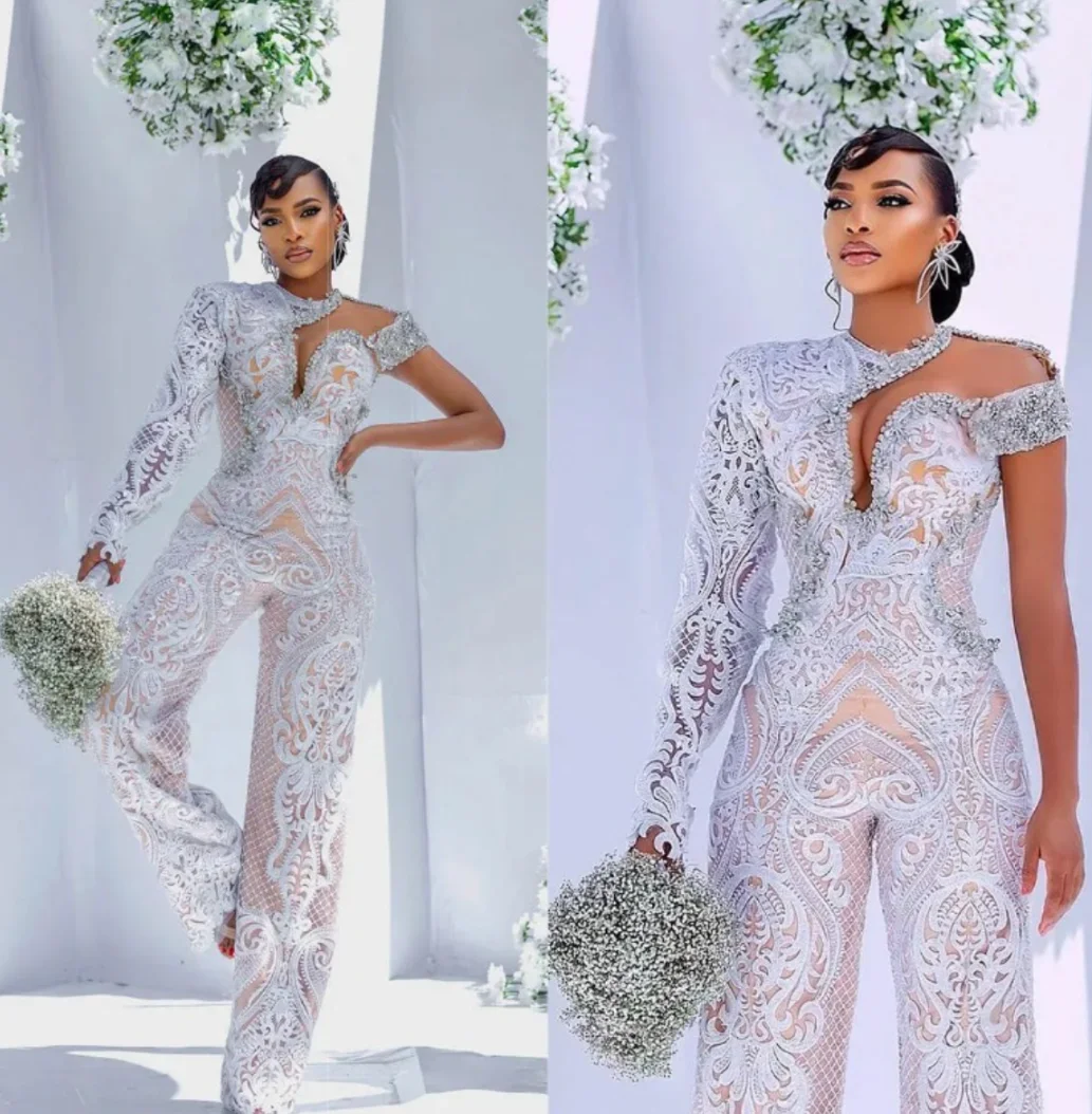 Customized Wedding Jumpsuits Dress One Shoulder Beading Bridal Gowns Lace Long Sleeve Elegant Bride Dresses