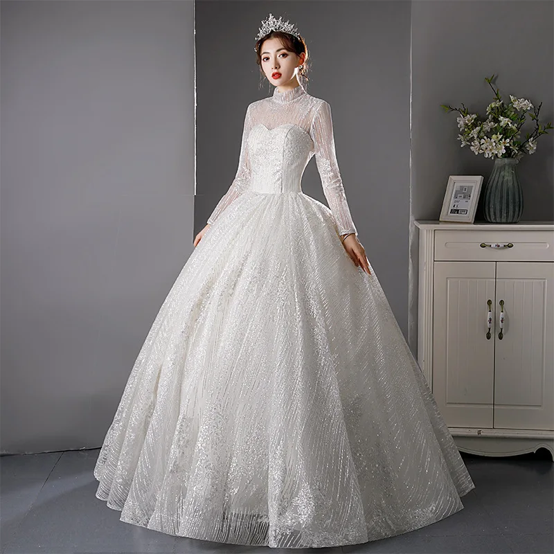 Customized High Collar Beads Long Full Sleeve Sparkling Splendid Wedding Dress For Women Vestido De Noiva Brides Ball Gown Lorie