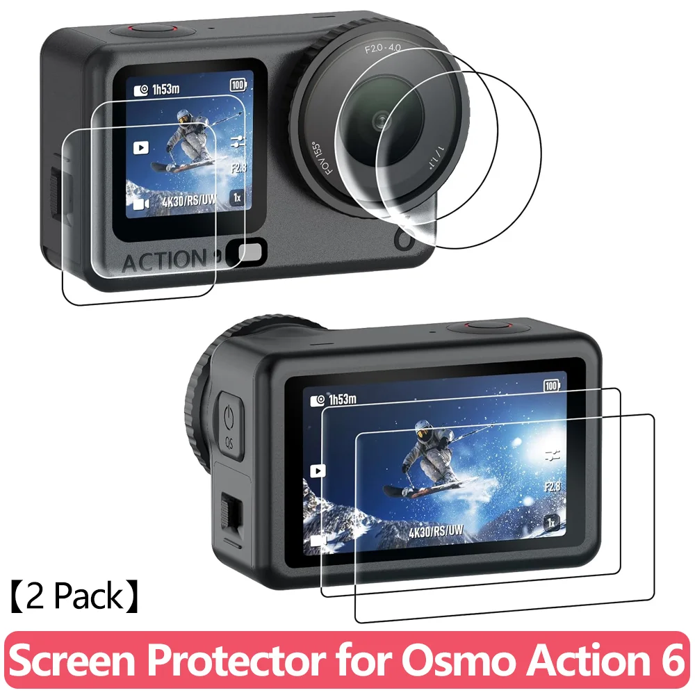 Tempered Glass Screen Protector for DJI Osmo Action 6 Front Rear Lens Film 2 Pack 9H Anti-Scratch Bubble-Free HD Action Camera
