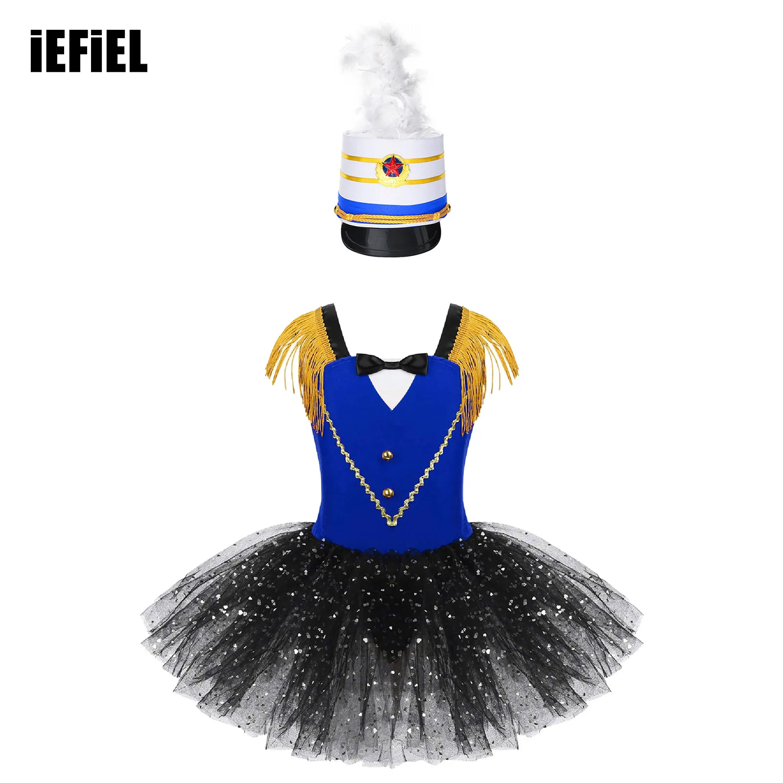 

Kids Girls Flag Raiser Honour Guard Set Tassel Shoulder Straps Bow Tutu Leotard Dress with Feather Hat for Halloween Cosplay