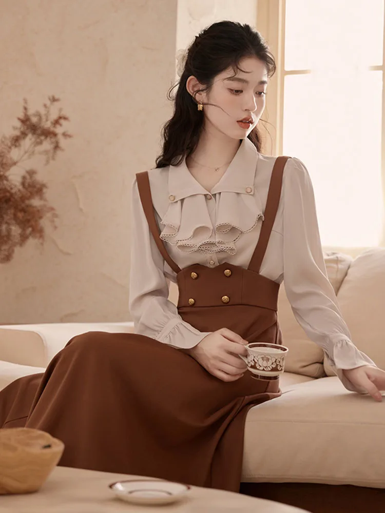 Office Lady Elegant Two Piece Skirt Set Women Spring Autumn Ruffles Shirt and Long Skirts Outfits