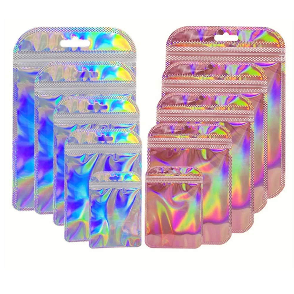 50pcs/lot Pink Laser Ziplock Bags Reusable Plastic Transparent Bags for Jewelry Packaging Cosmetic Retail Display Bags