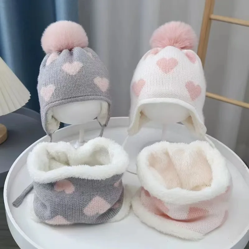 

Winter 2-Piece Set: Girls' Knitted Hat & Scarf Collar-Fleece-Lined, Ear-Warming,Drawstring Design with Sweet Heart,Warm & Cute.