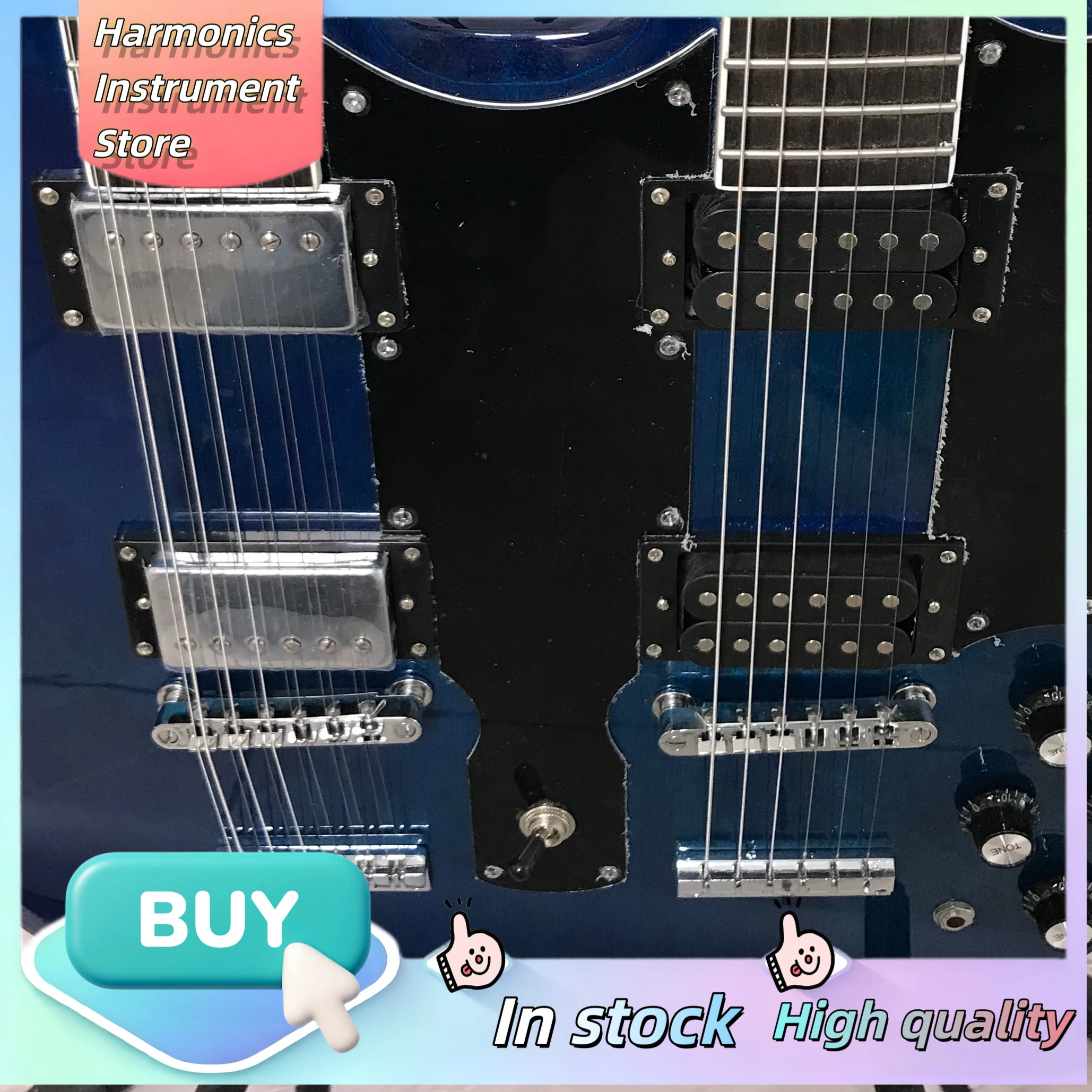 SGQ‑Style Double‑Neck Electric Metallic Blue Black Pickguard Dual Fixed Bridges Rock Hard Rock Stage Performance