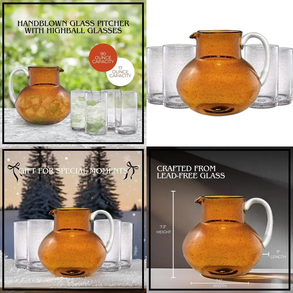 

Amber 90oz Glass Pitcher and 17oz Highball Glasses Set - Unique Bubble Design, Lead-Free Glassware for Beverages and Entertainin