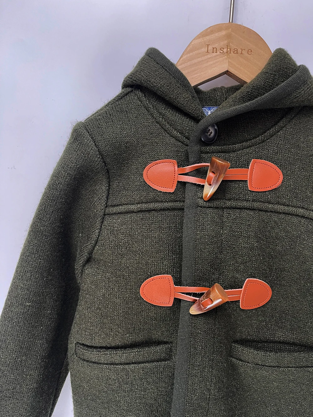 Boys Coat Woolen Winter Greenish Brown Hooded Jacket With Horn Buttons Warm Christmas Eid Clothing British Royal Style For 2T-8T