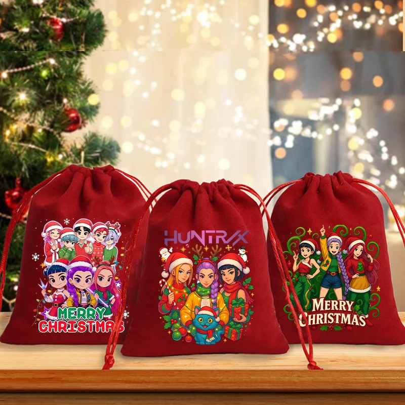 

K Pop Demon Hunters Санта Подарочная сумка Веселая Рождественская сумка для конфет Фильм Снежинка Сумка на шнурке Украшения для дома Ноэль Подарки