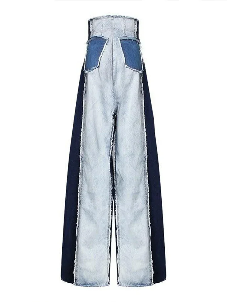 Damskie jeansy z wysokim stanem, patchworkowe, vintage, streetwearowe spodnie dżinsowe, codzienne, z blokami kolorów, patchworkowe, z surowym wykończeniem, szerokie nogawki, spodnie dżinsowe.