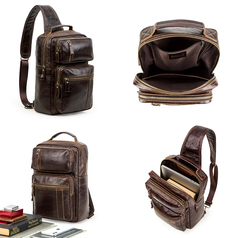 Imagem -03 - Multifuncional Crossbody Bolsa para Homens Couro Genuíno Peito Pack Mensageiro Masculino Laptop Casual Bolsa 13.3