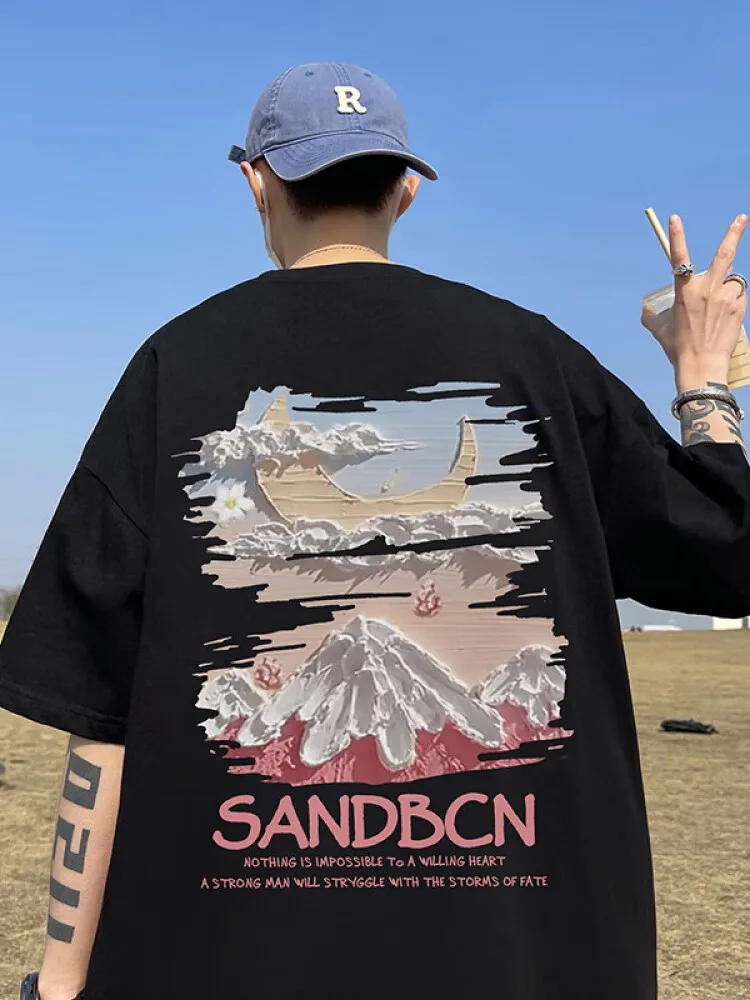 

Men's summer trendy short-sleeved T-shirt made of pure cotton from a trendy brand, available in large sizes
