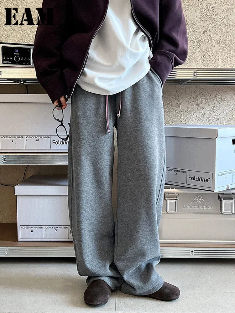 [EAM] High Elastic Waist Navy Blue Thick Long Wide Leg Casual Pants New Trousers Women Fashion Tide Autumn Winter 2025 1DH8617