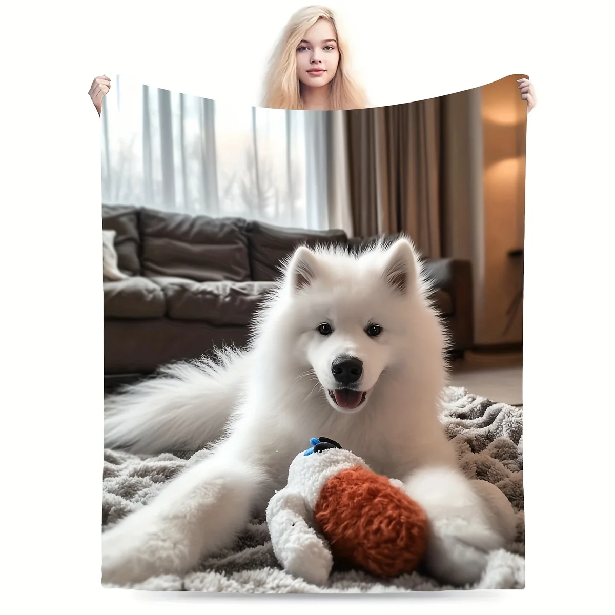 1pc Fluffy Throw Blanket, Samoyed Dog Print, Warm Blanket for Sofa Bedroom, Multifunctional Camping Blanket, Sweet Gift